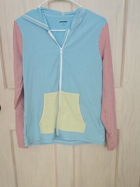 Lands' End Swim/Lightweight Striped Colorblock Zippered Hoodie
